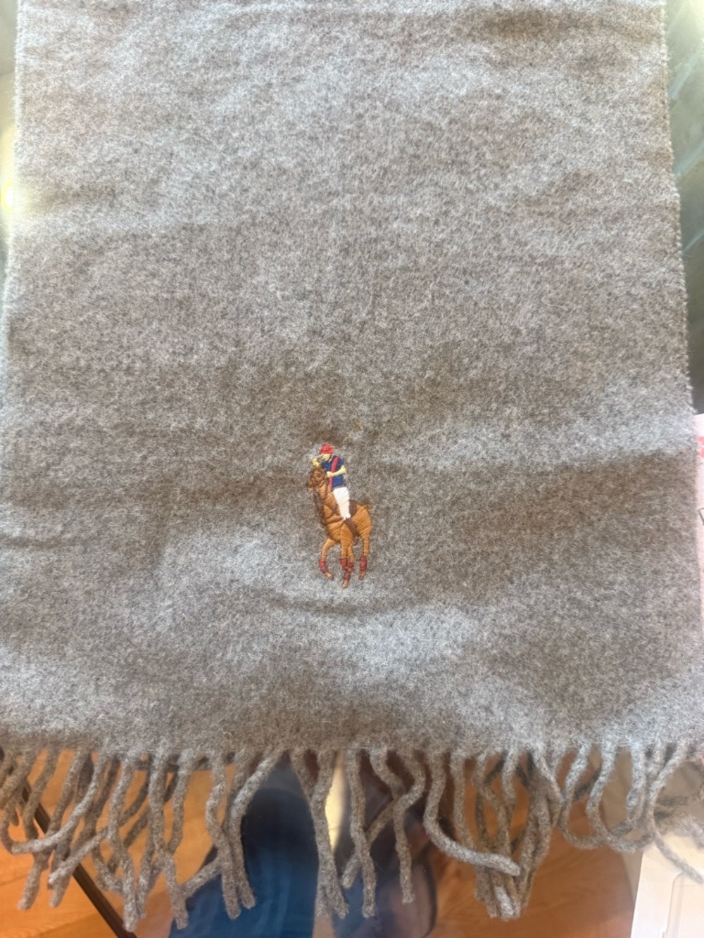 Polo by Ralph Lauren (UNISEX) Gray Embroidered Pony Fringe Scarf